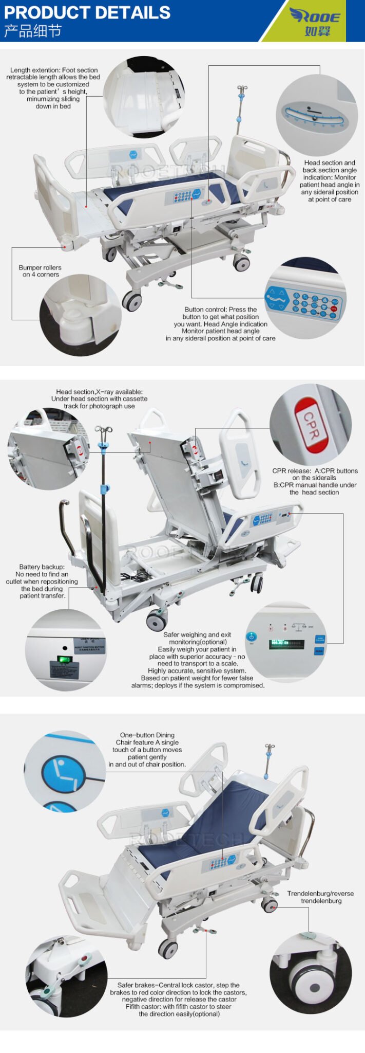 ICU Hospital Bed Extension Electric 8 Function Cardiac Chair Position