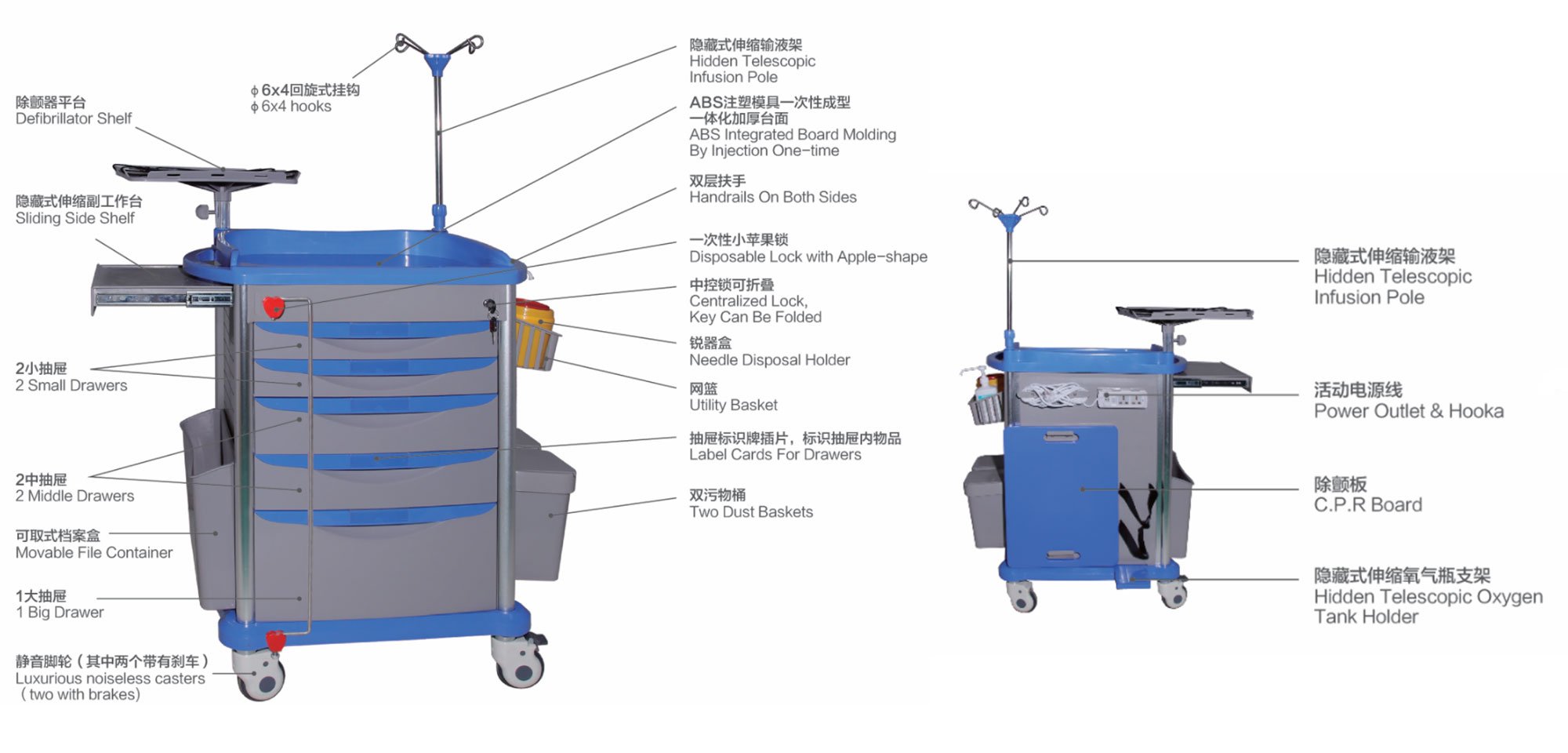 CARE Series Emergency Crash Cart ABS Trolley Nursing Medication Carts